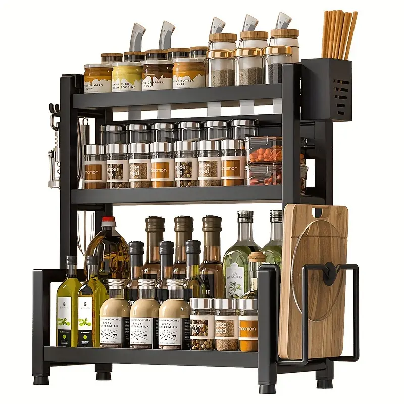 50cm 3-Layer Large Kitchen Storage Rack, Spice & Seasoning Shelf with Knives & Cutting Board Holder, Condiment Organizer, Drain Stand Storage Accessory