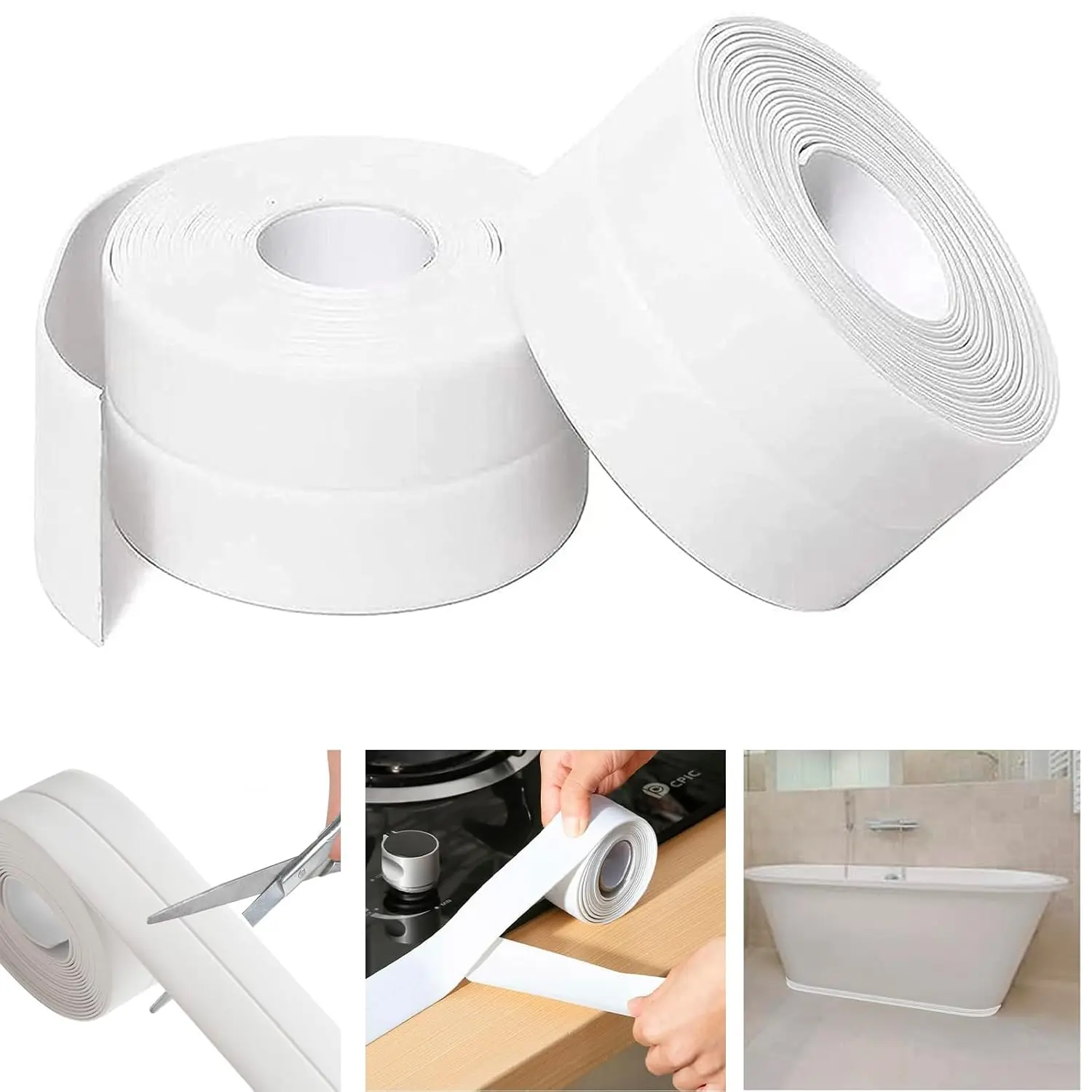 KITCHEN 4pcs Self-Adhesive Caulking Tape (1.49in x 10.5ft/3.8cm x 3m Peel-Stick Roll) - Waterproof Exterior Interior Caulk Sealant Strip, Flexible Middle Crease, Easy Application for Bathtub, Sink, Marble, Glass, Metal, Tile to Seal Leaks