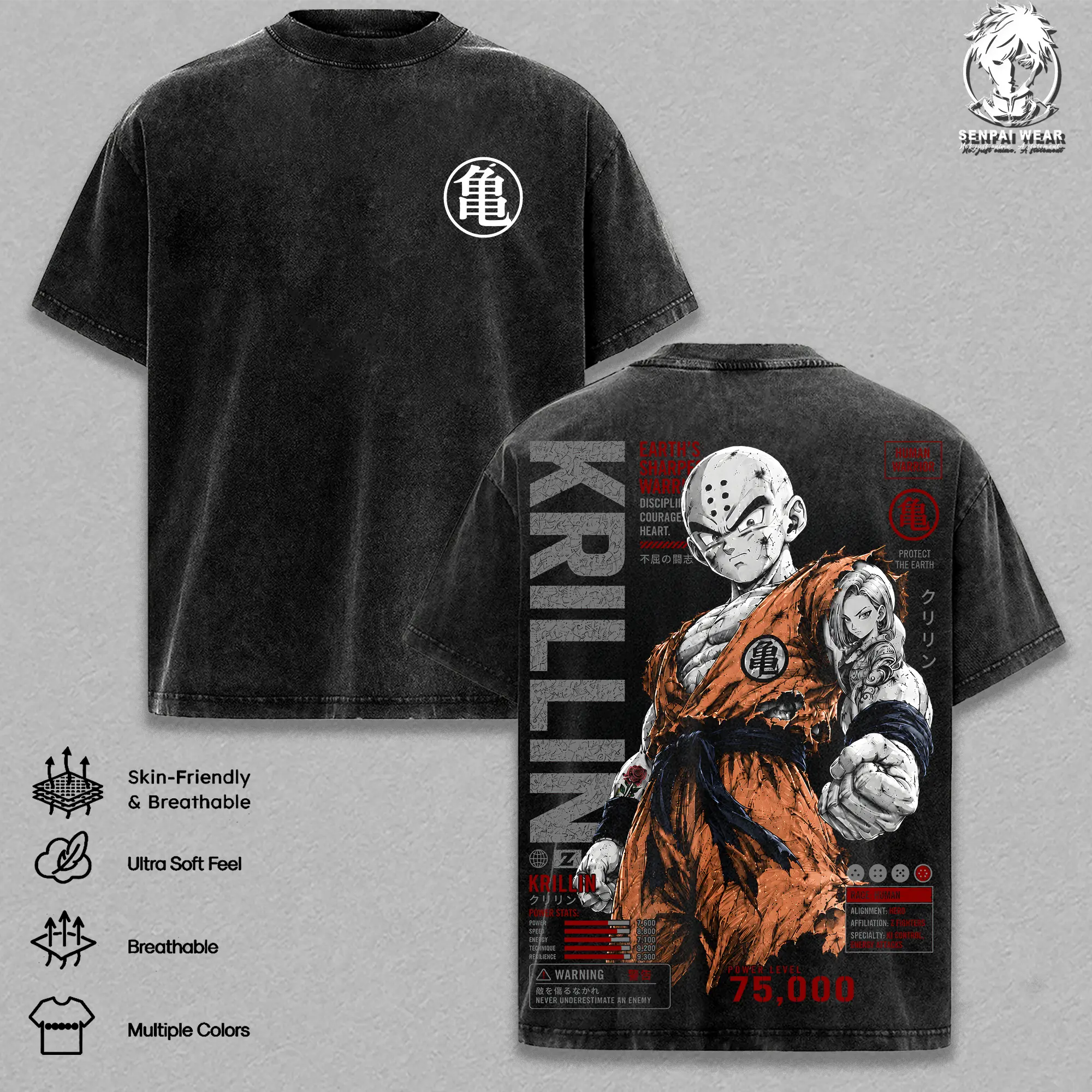Krillin – DBZ Graphic Tee Vintage Washed Shirt Unisex Streetwear Anime Merch, Z Fighter Tee Turtle School T-Shirt, Gift for Anime Lovers Fans