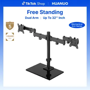 HUANUO Freestanding Dual Monitor Stand, 32 Inch Dual Monitor Mount for 2 Screens, Holds up to 19.8 lbs per Arm, Gaming Monitor Arm Riser with Tempered-Glass Base, Tilt, Swivel, Rotation, Black
