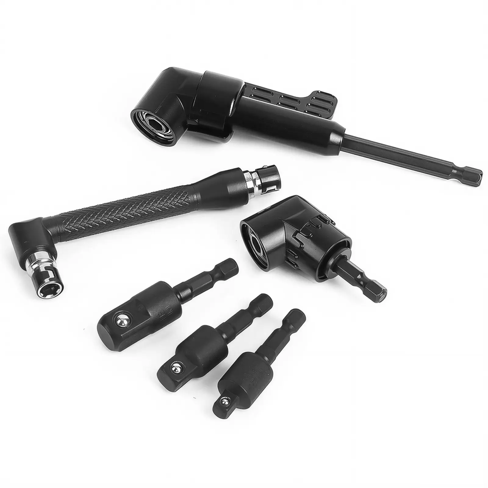 6Pcs Right Angle Drill Attachment Set, Includes 3 360 Rotatable Socket Adapters,2 Hex Shank Drill Adapters,90° Bevel Drill BitsDrill Tool
