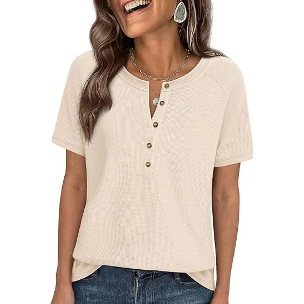 PRETTYGARDEN Waffle Knit Tops for Women Short Sleeve Henley Shirts Summer Blouses Dressy Casual Spring Fashion Clothes