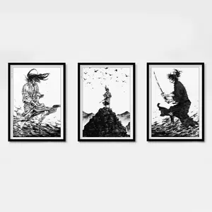 Samurai Warrior Ink Poster Set of 3, Vagabond Anime Japanese Wall Art, Black and White Zen Brush Prints, Home Decor, Gift For Fans