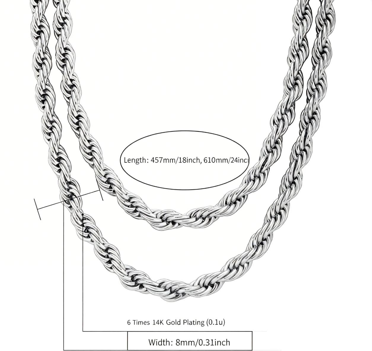 Hand Star Gold Plated Twist Chain Necklace 22-24 Inch High Polished Faceted Cut Non Tarnish Titanium Steel Jewelry for Men Women 8mm 10mm， hip-hop style