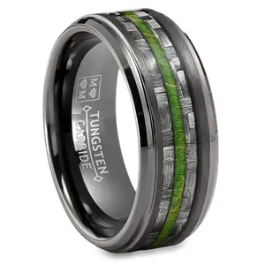 Mens Carbon Fiber Tungsten Carbide Ring Green Wood Wedding Band Gunmetal 8MM