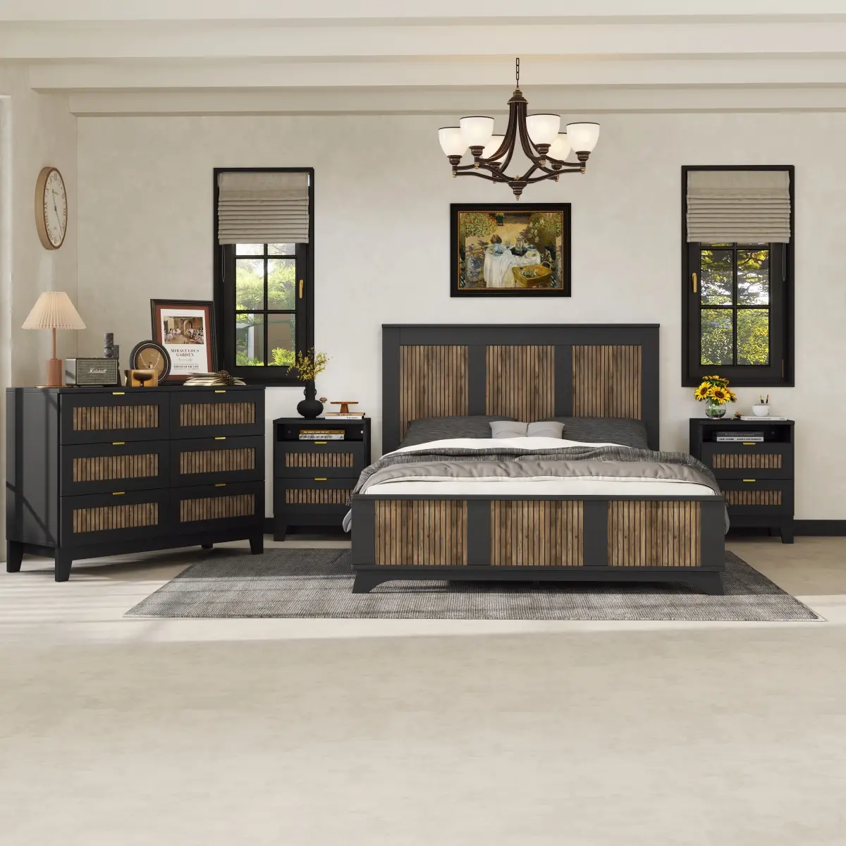 [Bellemave] 4-Pieces Bedroom Sets, Queen Size Farmhouse Platform Bed with Wooden Strip Stickers Decoration, Storage Nightstand and Dresser with Metal Handle