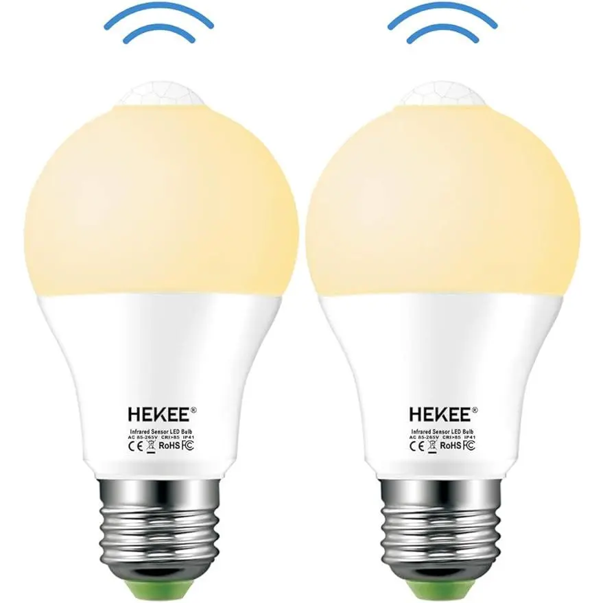 HEKEE Motion Sensor LED Light Bulb 9W A19 PIR Built-in IR 60W Equivalent Bright 810 lumen E26 Base 2700K Warm White Bulbs 2 Packs for Stairs Hallway Bathroom