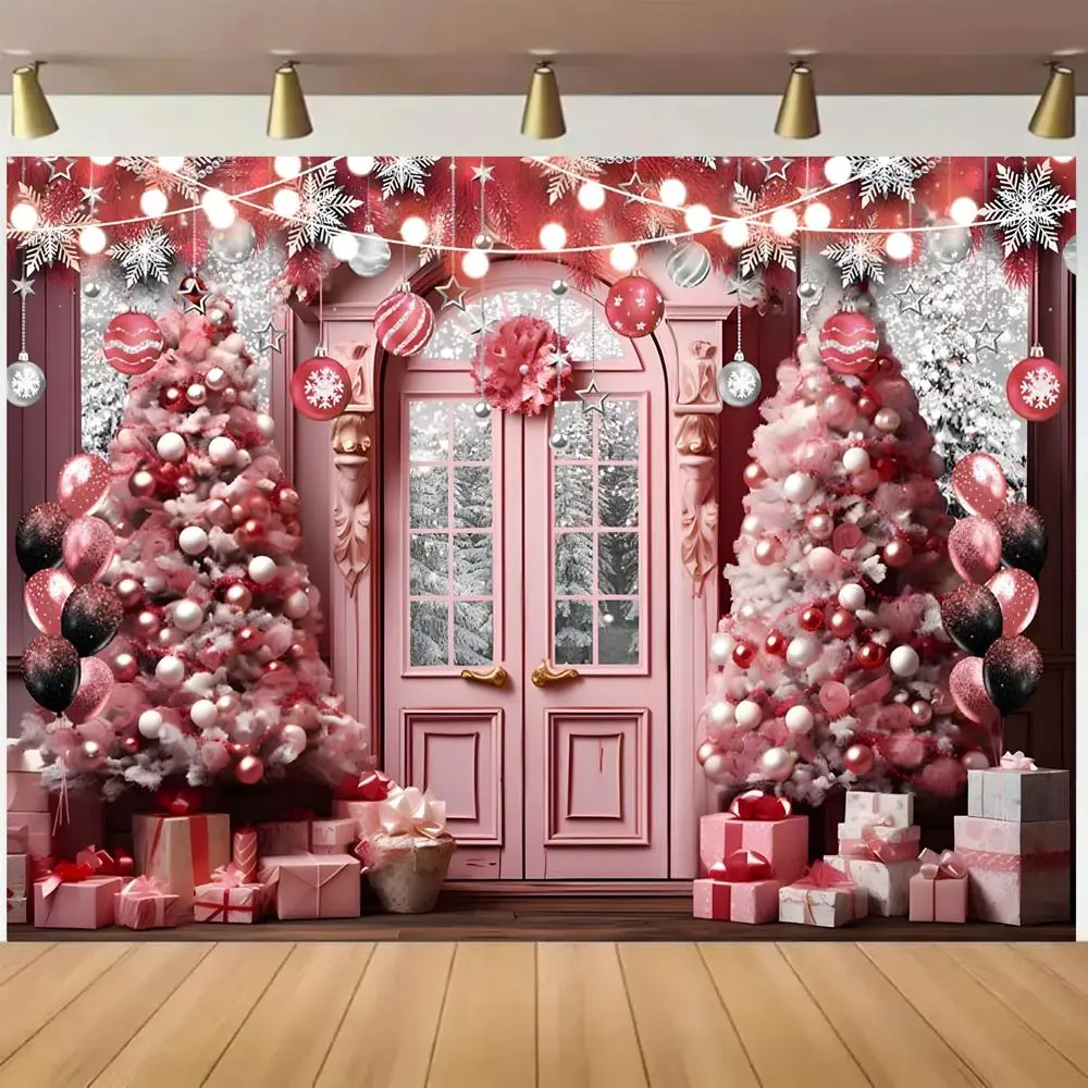 1pc Feather-Free Flat 2D Polyester Pink Christmas Backdrop Banner, Festive Party Decor & Decoration, Adorned with Pink Trees, Gift Boxes, Balloons, Snowflakes, Easy-to-Use Cozy Ornaments for Christmas Doors & Parties