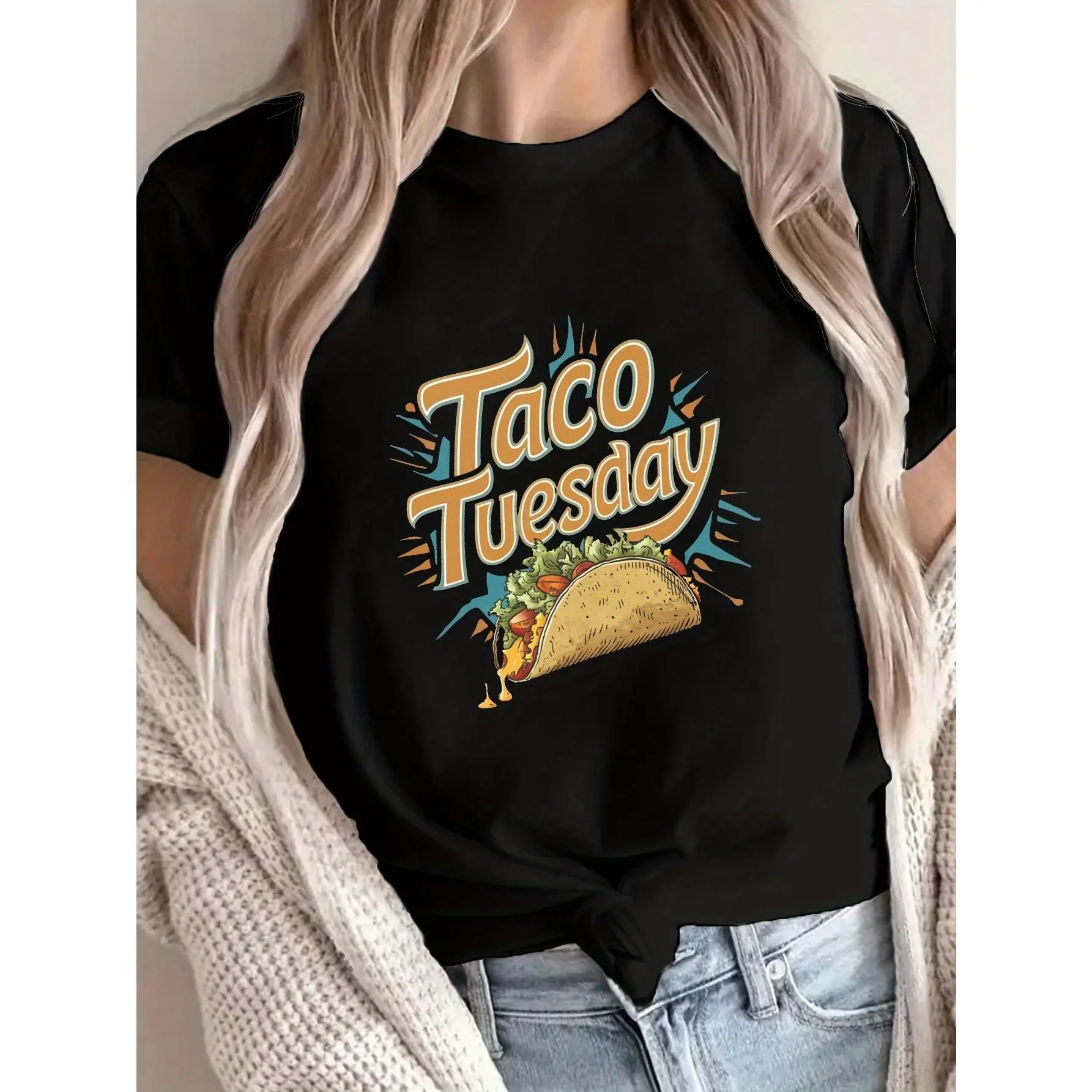 Women's Fitted Short Sleeve Crew Neck Taco Tuesday Graphic T-Shirt - Vibrant Green Taco Illustration, 100% Cotton-100% Spandex Blend, Casual Spring Summer Top, Machine Washable, Shortsleeve, Tshirt