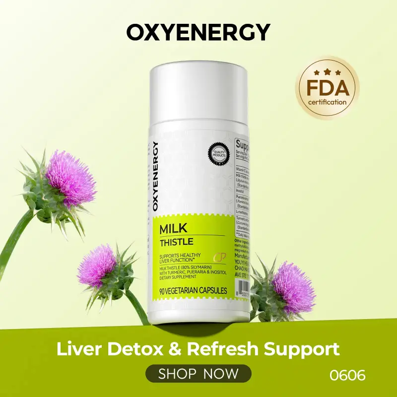 Oxyenergy Milk Thistle Dietary Herbal Supplement for Selfcare, Natural Liver Detox & Colon Cleanse Support with Kudzu Root, Turmeric, Inositol, Methionine, Vitamin C, 90 Silymarin Capsules,summerwins
