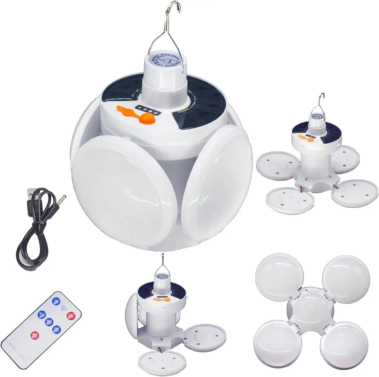 BougeRV  Portable Solar Camping Lantern, Foldable Led Football Bulb with Hook, Rechargeable USB Table Flashlights for Home, Office, Tent, Outdoor Emergency Outages Lighting, Camping Gear