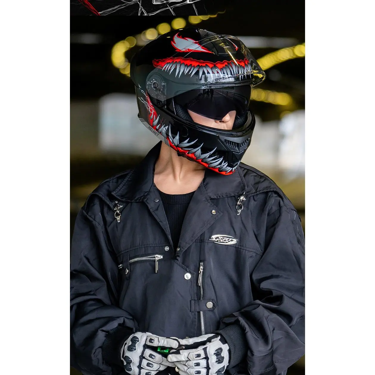 Venom-Inspired Flip-Up Full Face Motorcycle Helmet - DOT-Certified ABS Construction, EPS Liner, Buckle, Removable Cheek Pads, All-Weather Riding Gear for Street Bike Enthusiasts, Cruisers, Touring Motorcycles