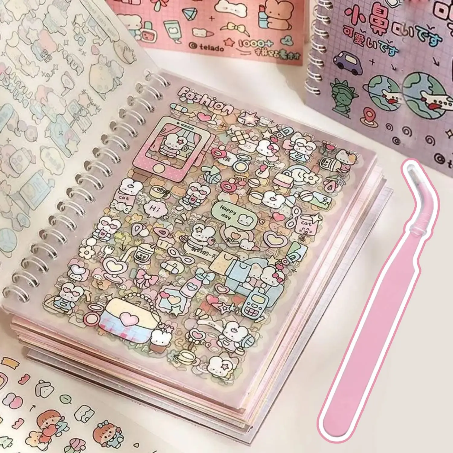 Cartoon Pattern Sticker Book Set, 16 Sheets Cute Cartoon Sticker Book+1 Pink Tweezer, DIY Craft Decorative Sticker for Scrapbooking, Journaling, Gift Wrapping, Sticker Album, Funny Stickers, Aesthetic Stickers, Sticker Packs