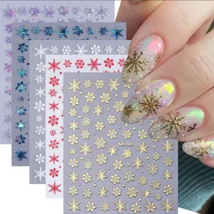 CHRISTMAS GIFT 5 Sheets Christmas Nail Art Stickers, 3D Self-Adhesive Snowflake & Holographic Laser Design in Gold, Red & White for Manicure Decor