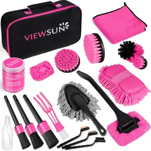 【fathersdaygift】Viewsun 20PCS Car Cleaning Kit, Pink Car Interior Detailing Kit with Drill Brush Set, Windshield Cleaning Tool, Detailing Brushes, Wire Brushes, Cleaning Gel, Complete Cleaning Supplies for Women Christmas gift sets，Summervibes
