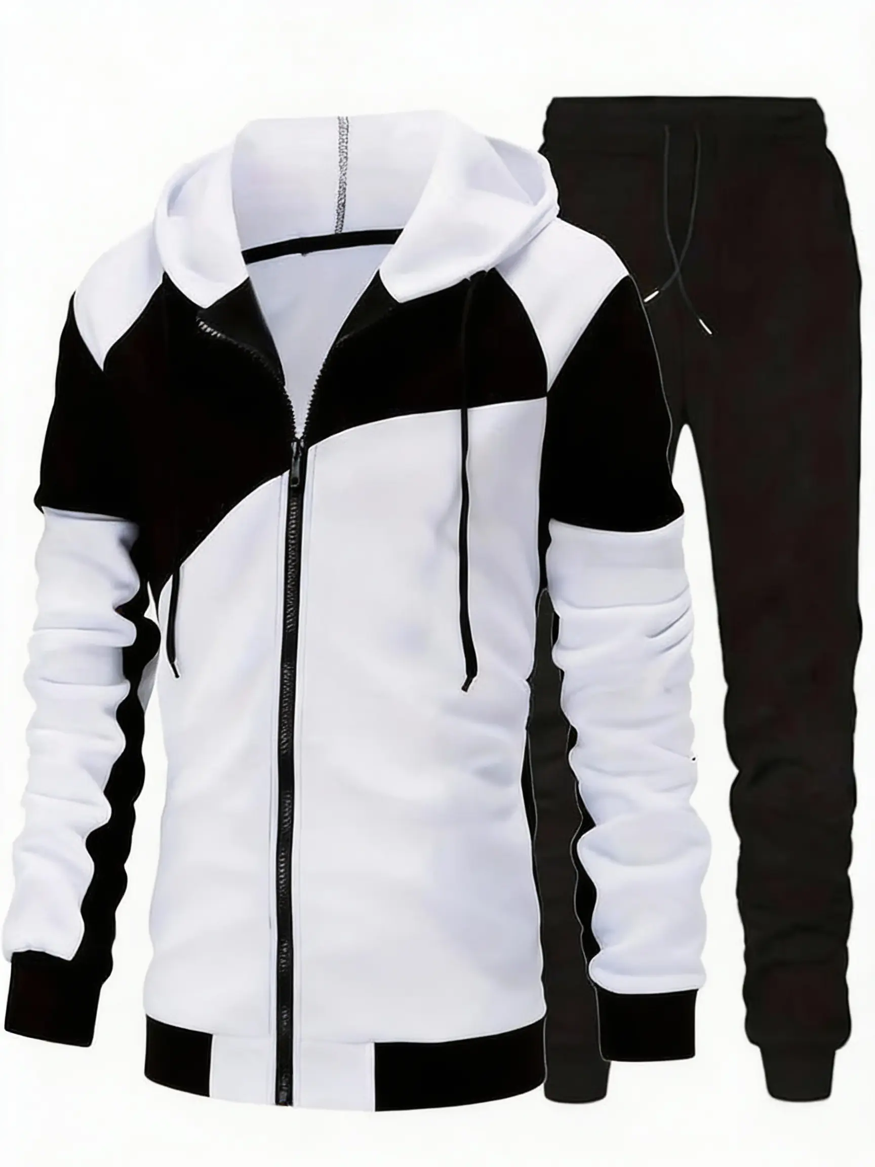 Men's 2-Piece Zip-Up Color Block Hooded Tracksuit - Athletic Sweater, Fitted Cut, Half Zipper, Warm Hood, Stylish Casual Sport Daily Outfit