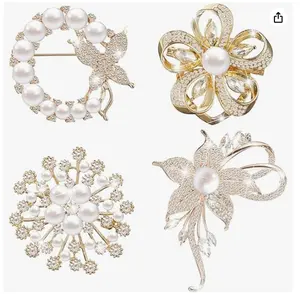 4 PCS Flower Brooch Pins for Women, Crystal Pearl Brooch and Pins for Dress, Coat, Shawl – Gift for Mother，Wedding