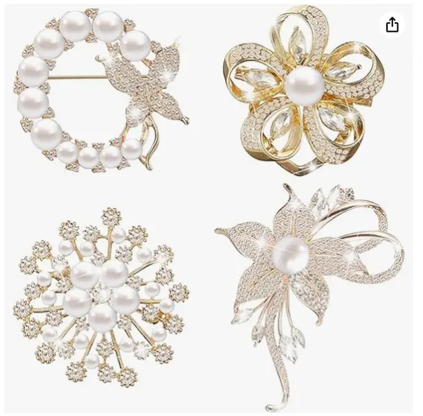 4 PCS Flower Brooch Pins for Women, Crystal Pearl Brooch and Pins for Dress, Coat, Shawl – Gift for Mother，Wedding