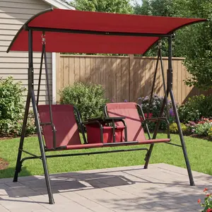Garvee Porch Swing with Cup Holders, Swivel Table and Insulated Bag with Adjustable Canopy for 2 People, Patio Swing for Garden, Balcony or Poolside