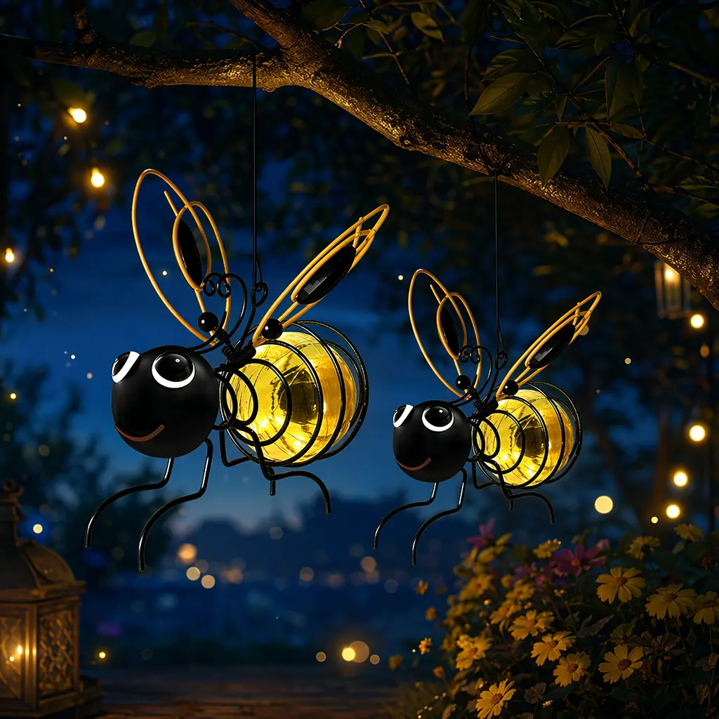 Whimsical Bee Shape Solar Powered Garden Light - 2pc Hanging Outdoor Statue Figurine Decor for Patio, Yard Housewarming Ornament, Home Supplies
