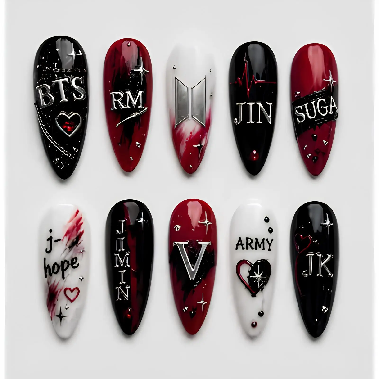 Dark Red Kpop Inspired Press On Nails | Gothic Idol Korean Handmade Fake Nails | Edgy Heart Nail Art | Fan Inspired Nail Set