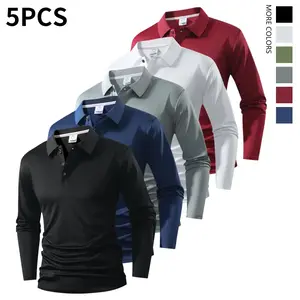 Men's long sleeved polo shirt -5-piece set | Classic solid color, multifunctional golf and casual stand up collar, suitable for business casual wear, perfect choice for weekend outingsRAIMENTRY