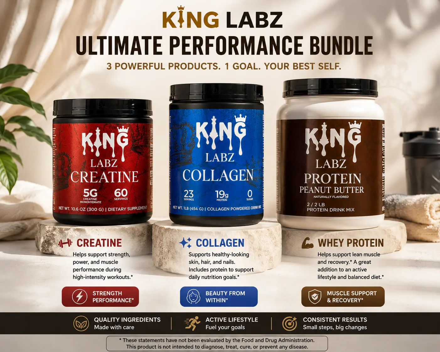 King Labz Performance Bundle – Whey Protein Powder + Creatine Monohydrate + Collagen Peptides Supplement Stack
