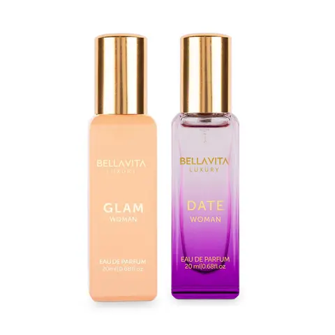 BellaVita Luxury Women’s Perfume Combo | Glam – Jasmine, White Honey, Rose & Cedar | Date – Pink Pepper, Red Fruit & Jasmine | 20ml Mini Eau De Parfum Each | Fruity, Floral & Spicy | Long Lasting, Portable, Vegan & Cruelty Free Perfume Set