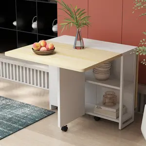 Folding Dining Table, Farmhouse Dining Table for 4 Storage Shelf, 6 Wheels Multipose Expandable Kitchen Drop Leaf Table