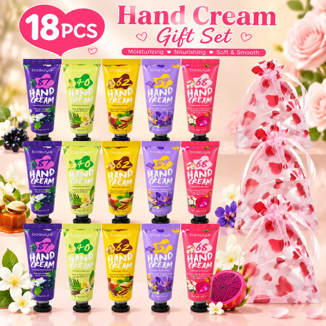 15 Pack Moisturizing Mini Hand Cream Set W/3 Heart Organza Pouches Travel Lotion Dry Cracked Hands Scented Bulk Creams Teacher Thank You Bridesmaid Wedding Birthday Graduation Gifts For Women Teen Girls