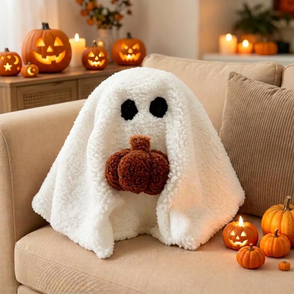 KEENSTONE Ghost with Pumpkin Pillow,Ghost Plush Toy Halloween Decor,  Party Decoration Pillow,Decorative Signs Tabletop Decor for Party Home Kitchen and Fireplace
