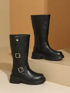 New Belt Buckle Mid-Calf Casual Boots, Thick Sole Chunky Heel Classic British Style Women's Motorcycle Knight Boots