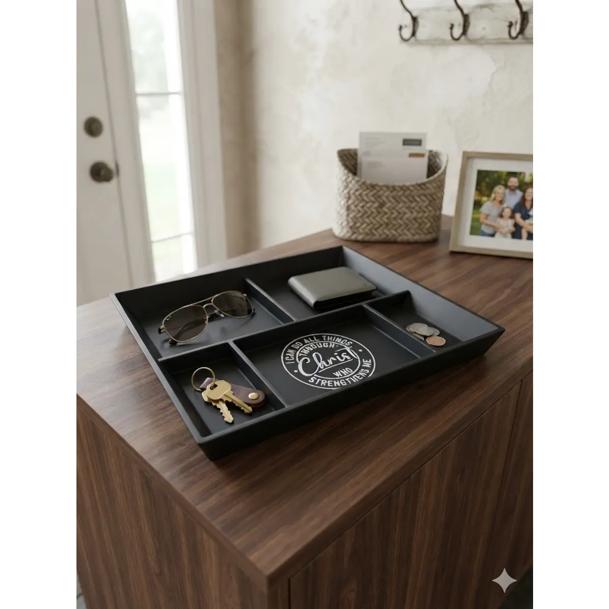 Philippians 4:13 Faith Catch Tray with 5 Sections, Black with White Imprinted Lettering, Home Organizer for Father's Day, Graduations, Office Storage