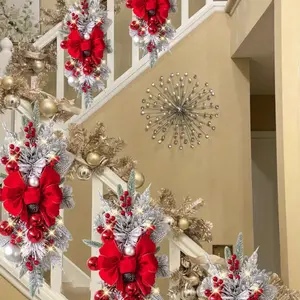New 4 Pieces Christmas Lantern Garland Christmas Garland, Suitable for Front Door, Pre-Lit Christmas Stair Garland, Christmas Decoration, Artificial Winter Garland, with Bow, Sphere, Stair Handrail, Wall, Window Christmas Decoration, gold, Red, Blue 2024
