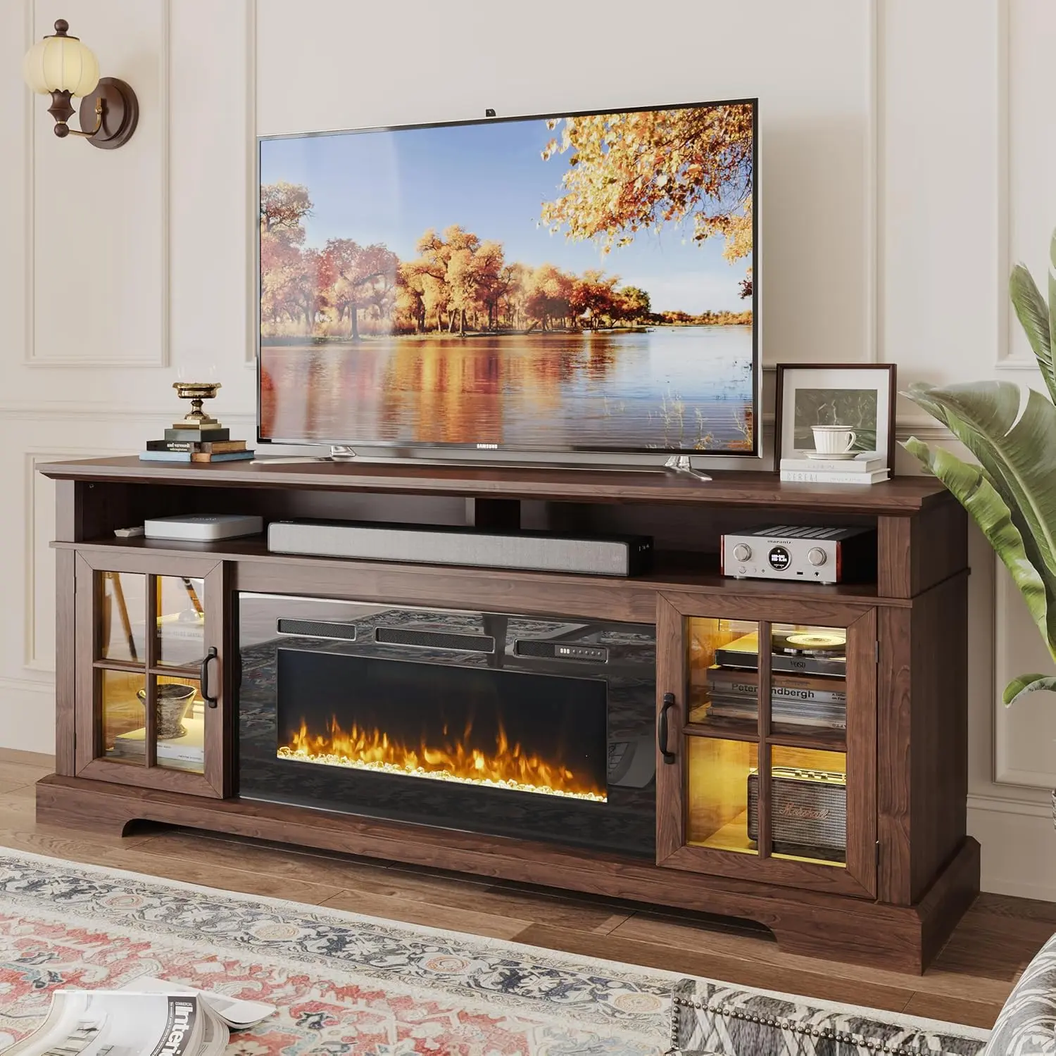 【2 Packages ship separately】Fireplace TV Stand, Modern Entertainment Center for TVs Up to 70", TV Console with Storage Cabinets & Electric Fireplace, Brown Media Console for Living Room