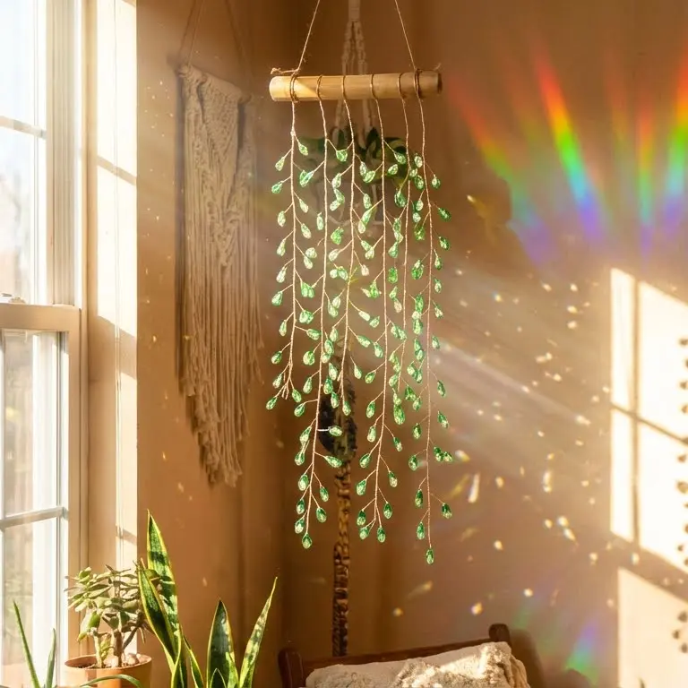 Realistic Artificial Weeping Willow Tree Suncatcher Window Ornaments - Handmade Boho Decoration with Thick Trunk, Green Crystal, Hanging Home Decor Ornaments, Rainbow Light Catcher for Home, Garden,plant hanger Gift Idea,Room Decor,Olive Tree With Planter