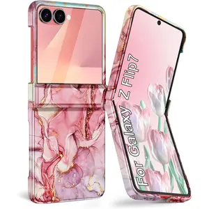 F-PCS16   for Samsung Galaxy Z Flip 7 Case,Built in Front Screen Protector,Gold Glitter Marble Pattern Hard PC Slim Shockproof Full Body Drop Protective Case for Galaxy Z Flip 7 5G (2025), Rose Gold