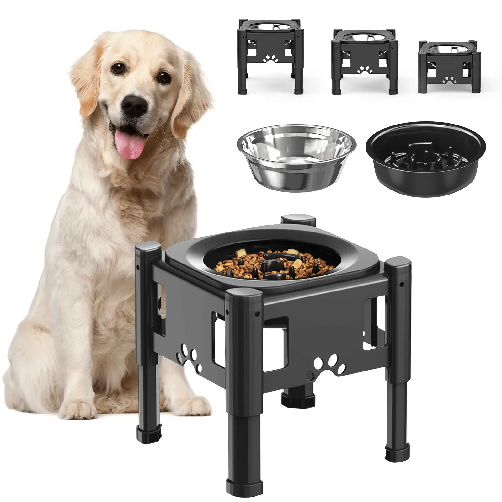 Elevated Slow Feeder Dog Bowls, Raised Dog Food Bowls with 3 Heights (6.1", 7.7", 9.3") Adjustable Dog Slow Feeder Bowl Non-Slip Dog Bowl Stand for Me