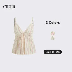 Cider [2 colors, size 0-24] Women's Cotton-Blend V-Neck Floral Cami Top with Adjustable Strap, Double Lined Ruched Cropped Tank for Summer Beach Vacation & Curve Inclusive SwimWeek