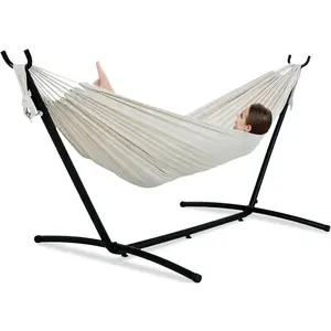 Portable Hammock with Stand, Heavy-Duty 9ft Steel 2-Person Hammock (450 lbs Capacity, White) with Carrying Bag & Pillow for Indoor, Outdoor Patio Use