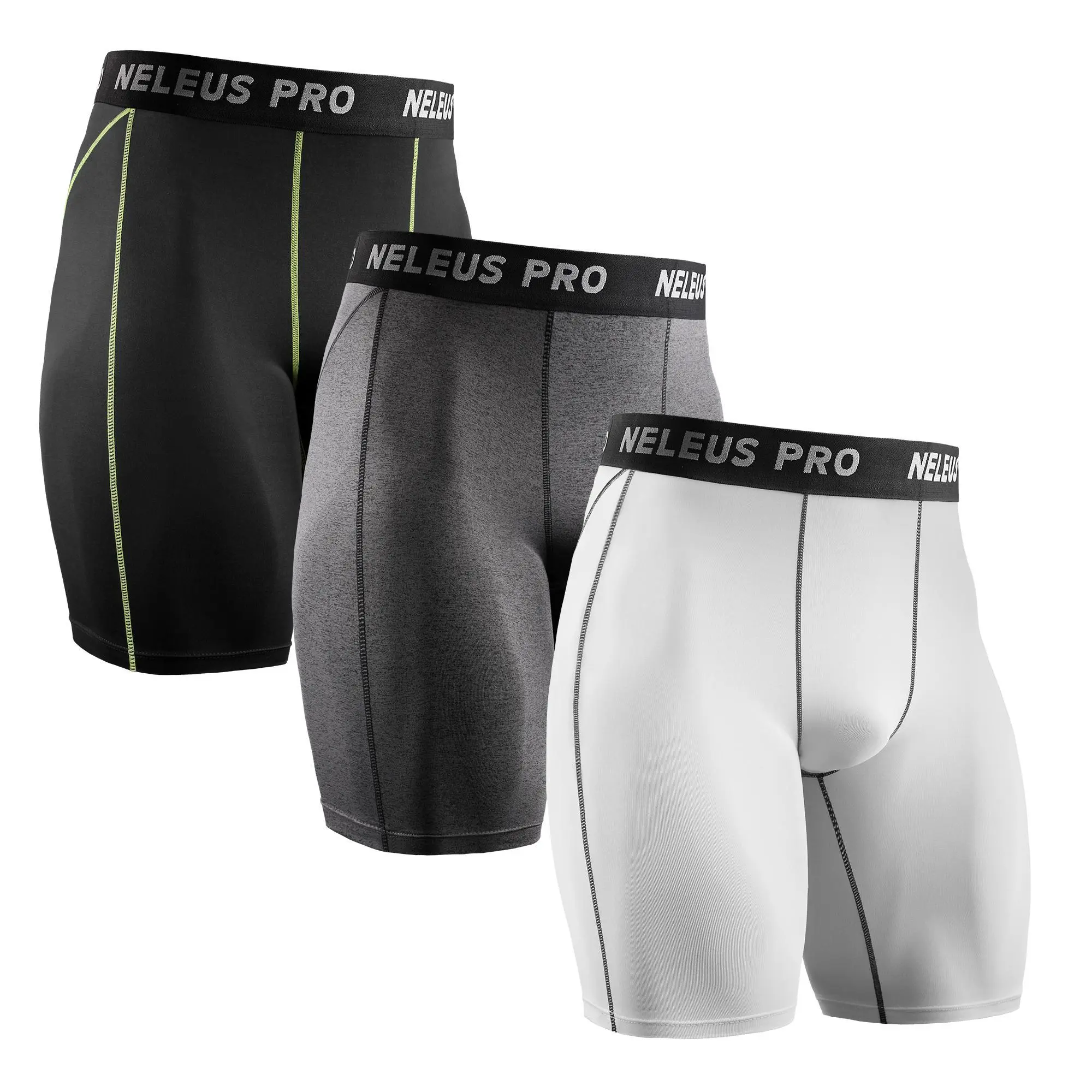 Neleus Men's 3-Pack Compression Shorts | Quick-Drying & Flexible Neon Athletic Baselayer for Gym Workouts and Running, Gym Workout Shorts, Activewear Shorts