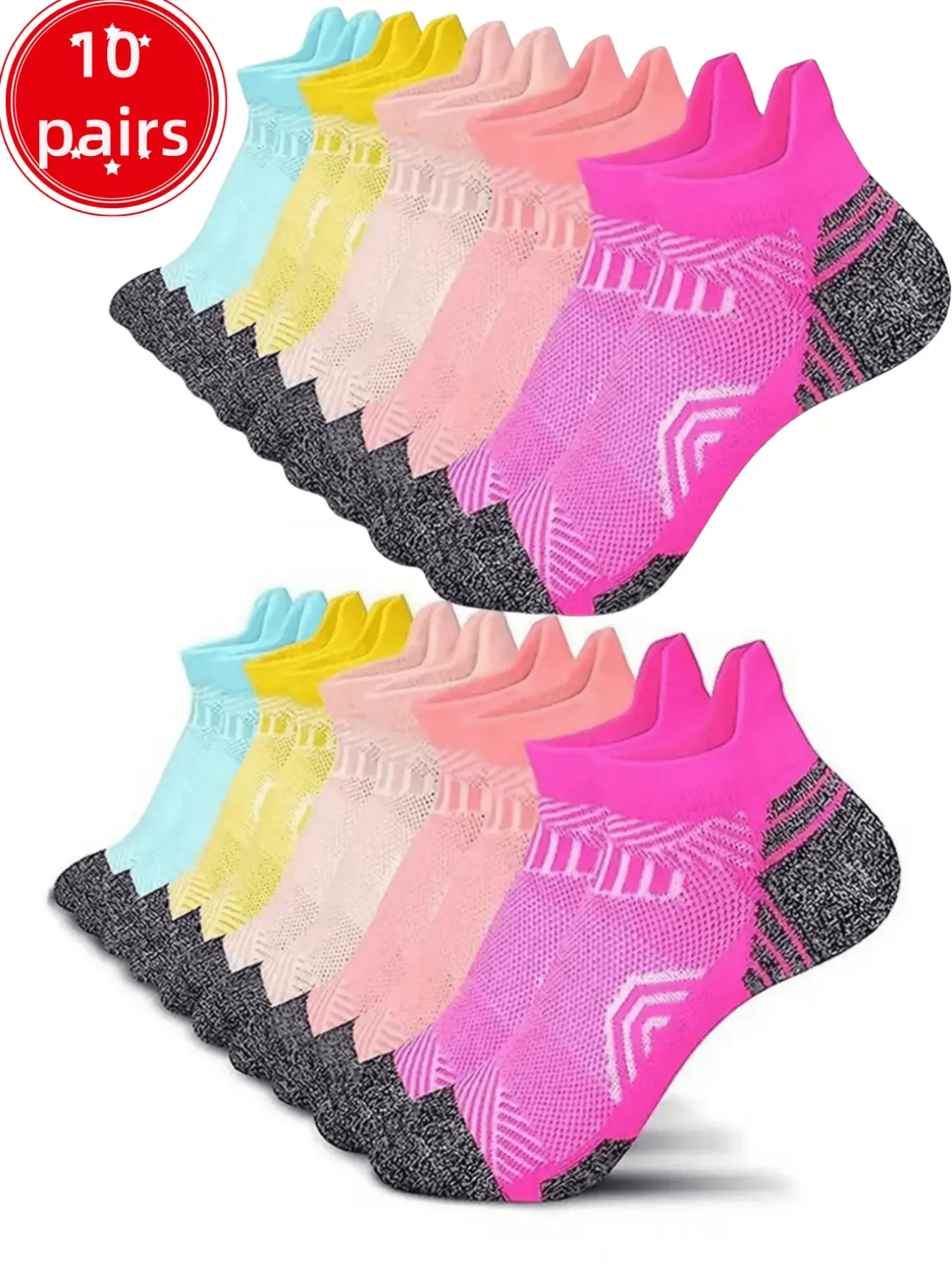 10 pairs of men's and women's comfortable sports and fitness socks, Sports running socks, Athletic Socks, Active Socks, Sweat Absorbent Socks, breathable, odor-resistant, sweat-absorbing, durable, short with pull tabs, colorful couple, daily casual wear