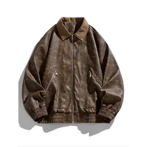 Autumn Men's Vintage Leather Jacket, Casual Classic Oversized Fitted Design, American Motorcycle Style Coat, Thicker Woven Fabric, Suitable for Ages 35-44, Solid Pocket Jacket