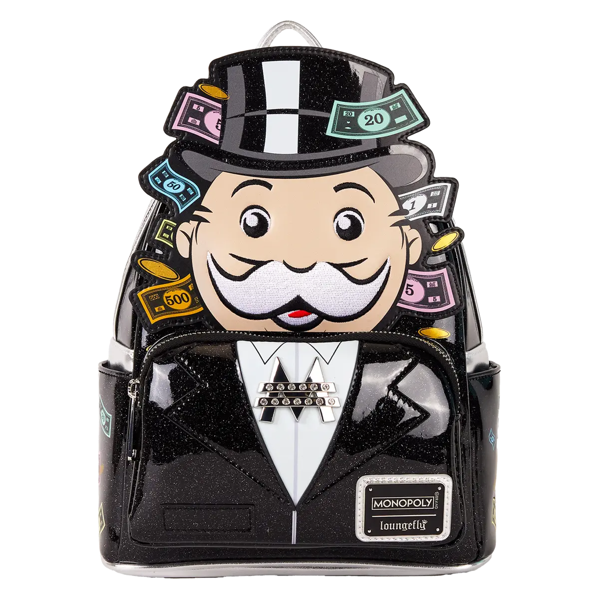 Loungefly Monopoly Mr. Pennybags Animated Character Graphic Mini Backpack, Womens Casual Glitter Polyurethane with Rhinestone Charm, Casual Backpack, Backpacks, Animated Character Graphic Backpacks
