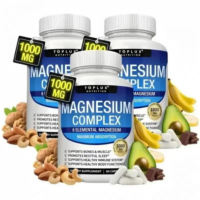 Nutrition MagnesiumComplex Toplux 7 Elemental SourcesMen Women Bone Muscle SleepImmune Support Nature DecentFitness Dietary Supplement MalateTaurate Chelated for Easy Absorptionfor Bones Muscle Recovery Energy1000mg 90 Capsules