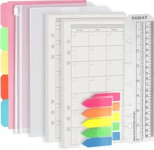 A5 6 Holes Binder Refill Value Set, 90sheets monthly plan loose leaf paper with stickers and dividers, planner insert with binder pockets for A5 binder 6 holes refillable notebook,005da5month