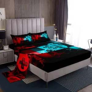 Feelyou 4-Piece Full Size Breathable Durable Microfiber Gaming Bedding Set - Gamer Fitted Sheet, Video Game Controller Themed Sheets for Boys Teens (Red Blue), Breathable Durable Sheets, Microfiber Bedding Set