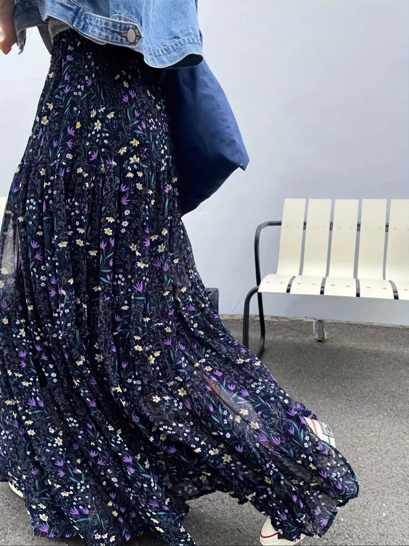 Elegant Floral Print A-Line Fitted Woven Maxi Stretch Fashionable Skirt for Women, Spring Summer Elastic Waist Half Body Dress, Chic Stylish Ladies Fashion Clothing