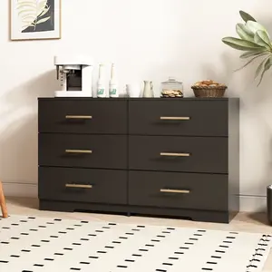 Bellemave Black 6-Drawer Dresser with Golden Handles Large Storage Space Engineered Wood MDF/Particleboard Minimalist Style Dressing Table