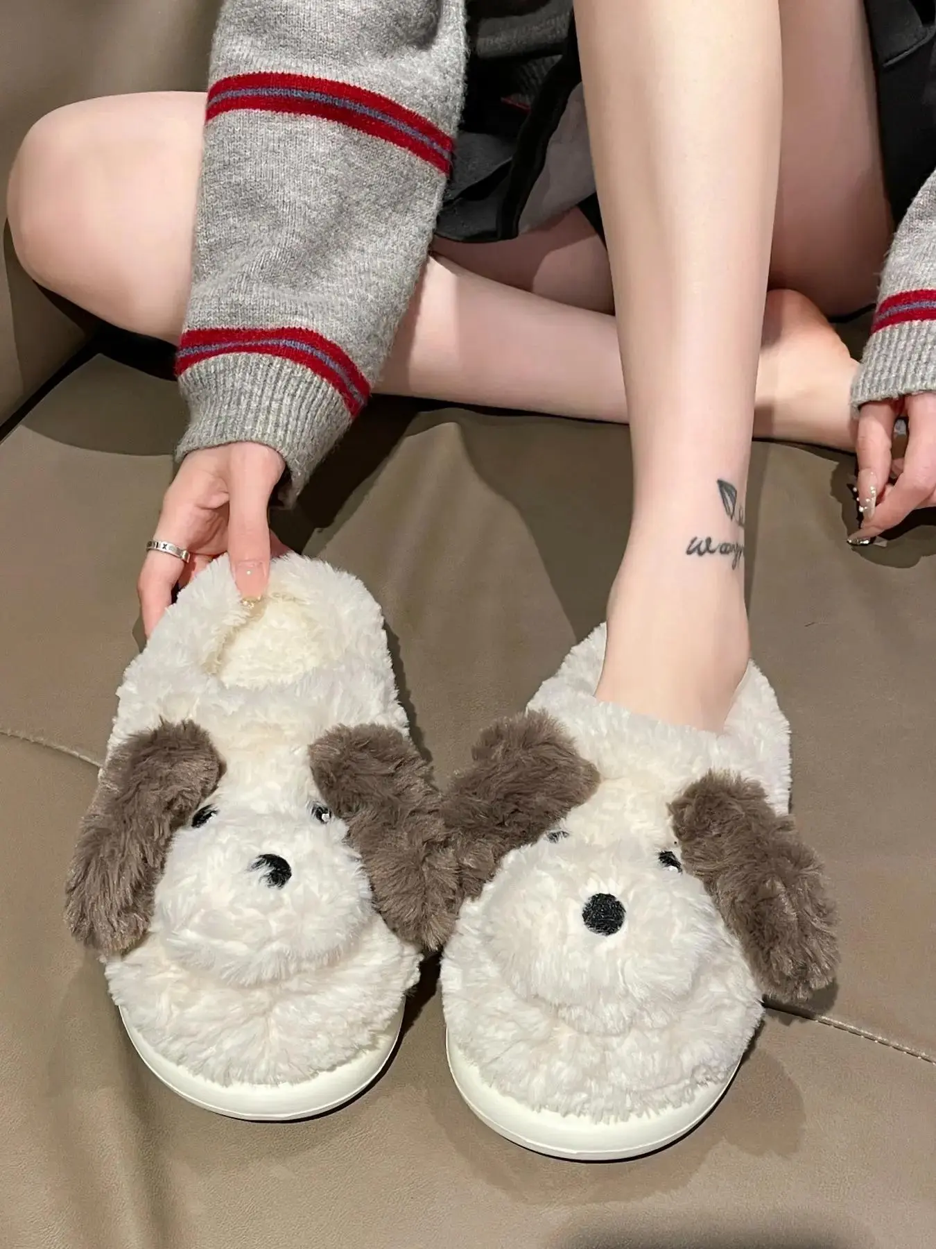 Women's Cartoon Puppy Thick Sole Lined Fashion Slippers, Fuzzy Warm Eva Bottom, Indoor Cozy Footwear, Fall & Winter Cute Animal Design, Fuzzy House Shoes
